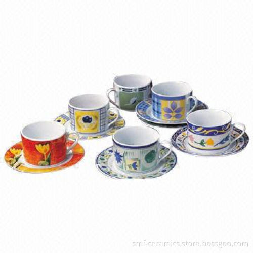 80cc Porcelain Cups and Saucer Coffee Mug Set with Saucer, Flora Designs Optional, Microwave Safe